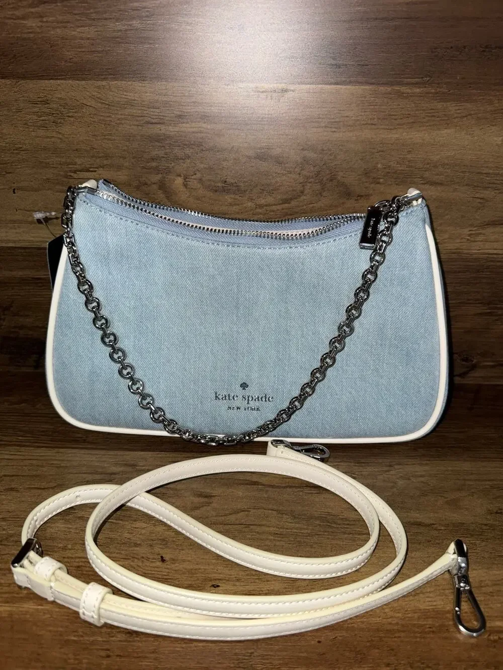 NWT Kate Spade Margot Denim Crossbody Bag Blue Canvas Convertible Chain Shoulder